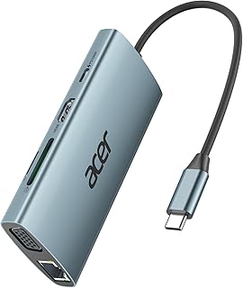 USB-C-концентратор Acer с HDMI 4K, адаптер USB-C 9-в-1 для Ethernet, док-станция USBA 3.0 5 Гбит/с, разветвитель VGA, устройство чтения SD-карт, зарядка PD 100 Вт для MacBook, Acer, ноутбуков, Surface и других устройств.