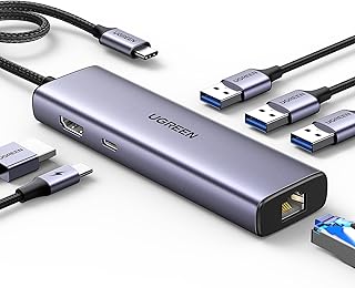 UGREEN Revodok 6-в-1 USB-C концентратор, гигабитный Ethernet-адаптер с HDMI 4K, зарядкой PD 100 Вт, портами передачи данных USB A. Совместим с Mac M1, M2, M3, iPad, iPhone 16 Pro/Pro Max, Steam Deck.