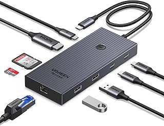 UGREEN Revodok Pro 9-в-1 USB-C концентратор, гигабитный Ethernet-адаптер, HDMI 4K@60Hz, зарядка PD 100 Вт, порты передачи данных USB A, устройство чтения карт SD/TF, совместим с Mac M1, M2, M3, M4 и Steam Deck.