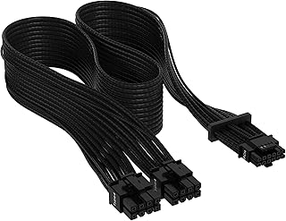 Кабель для блока питания Corsair Premium 600W PCIe 5.0 12VHPWR подходит только для блоков питания RMX, RMX Shift, RMe, HXi, SF и SF-L – требуется 2 разъема Type-4 – 12+4-контактный разъем – оплетка из паракорда – черный
