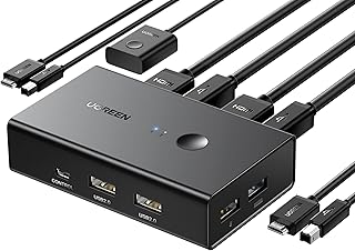 KVM-переключатель UGREEN HDMI для подключения 1 монитора и 2 компьютеров, с 4 портами USB, KVM-переключатель для совместного использования одного монитора, клавиатуры, мыши и принтера, поддержка 4K@60Hz, в комплекте 2 кабеля HDMI, 2 кабеля USB и контроллер для рабочего стола.