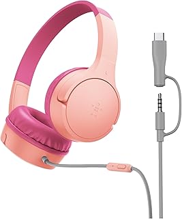 Проводные детские наушники Belkin SoundForm Mini с переходником USB-C на 3,5 мм, встроенным микрофоном и забавными наклейками, максимальная громкость 85 дБ – для онлайн-обучения, путешествий, совместимы с iPhone 16, iPad, Galaxy S25 и др. – розовые.