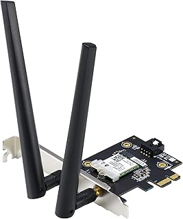 Адаптер Wi-Fi ASUS AX1800 PCIe (PCE-AX1800) — Wi-Fi 6, Bluetooth 5.2, беспроводная связь со сверхнизкой задержкой, 2 внешние антенны, поддержка суммарной скорости передачи данных до 1800 Мбит/с, сетевая безопасность WPA3, OFDMA и MU-MIMO.