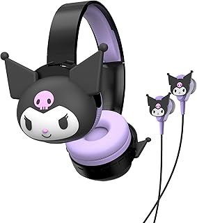 Беспроводные Bluetooth-наушники Hello Kitty 2-в-1 с проводными вкладышами – складная накладная гарнитура со встроенным микрофоном, AUX-кабелем, регулируемым оголовьем и встроенными элементами управления – Kuromi