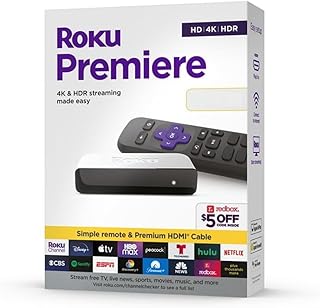 Медиаплеер Roku Premiere для потокового воспроизведения HD/4K/HDR, простой пульт дистанционного управления и высококачественный HDMI-кабель, черный, в комплекте с HDMI-кабелем Swanky Cables 3920R.