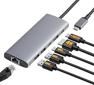 Многофункциональный USB-C 3.2 (10G) концентратор Amazon Basics 6-в-1, 1 вход USB-C 100 Вт PD, 2 порта USB-A, 1 порт USB-C, HDMI 4K, Ethernet, светло-серый, 11,94 x 4,6 x 1,5 см.