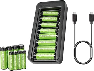 Аккумуляторы Amazon Basics NiMh с зарядным устройством Bay, 8 батареек AAA 800 мАч + 8 батареек AA 2000 мАч, без адаптера переменного тока, порт USB-C, упаковка из 16 штук, черные.