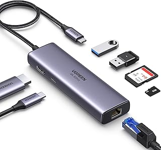UGREEN Revodok 7-в-1 USB-C концентратор, гигабитный Ethernet-адаптер, HDMI 4K@60Hz, зарядка PD 100 Вт, порты передачи данных USB A, устройство чтения карт SD/TF, совместим с Mac M1, M2, M3, iPad, iPhone 15 Pro/Pro Max, Steam Deck