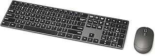 Беспроводная клавиатура и мышь Amazon Basics Ultra Premium — перезаряжаемые, ультратонкий дизайн, тихая работа, полноразмерная клавиатура, цифровой блок, приемник Unifying, черный цвет.