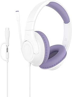 Проводные накладные наушники Belkin SoundForm Inspire для детей, онлайн-обучения и путешествий, со встроенным микрофоном на штанге, безопасным уровнем громкости 85 дБ, разъемами USB-C и 3,5 мм, совместимы с iPhone, iPad, Galaxy и другими устройствами, цвет лавандовый.