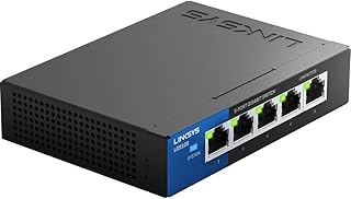 Linksys LGS105: 5-портовый настольный гигабитный Ethernet-коммутатор для бизнеса, неуправляемый, для компьютерных сетей, проводное подключение со скоростью до 1000 Мбит/с (черный, синий)