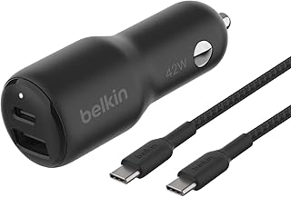 Автомобильное быстрое зарядное устройство Belkin BoostCharge мощностью 42 Вт с двумя портами: USB-C (30 Вт) и USB-A (12 Вт), в комплекте кабель USB-C — USB-C для iPhone 16, 16 Pro, Galaxy S25, S24, Pixel 9 и 8, Nintendo Switch 2 и других устройств — черное.