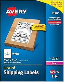 Набор этикеток для отправки Avery Half-Sheet Printable Shipping Labels, 5.5" x 8.5", белые, 200 пустых почтовых этикеток, отлично подходят для отправки, доставки, организации и многого другого (5126)