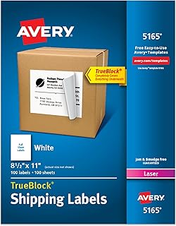 Набор полноразмерных почтовых этикеток Avery, 8,5" x 11", белые, 100 пустых этикеток, отлично подходят для отправки почты, доставки, организации и многого другого (5165)