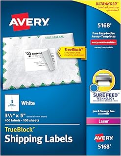 Наклейки для отправки Avery с функцией автоматической подачи бумаги, 3,5 x 5 дюймов, белые, 400 пустых почтовых наклеек для лазерных принтеров (5168)