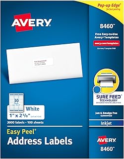 Адресные этикетки Avery Easy Peel с функцией автоматической подачи, размер 1" x 2-5/8", белые, 3000 чистых почтовых этикеток, отлично подходят для отправки почты, доставки и многого другого (8460)
