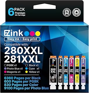 Сменные картриджи E-Z Ink TS9120 для принтеров Canon PGI-280XXL CLI-281XXL (PGI 280XXL CLI 281XXL) для использования с принтерами PIXMA TS8320 TS8220 TS8120 (PGBK, черный, фотосиний, голубой, пурпурный, желтый). Комплект из 6 штук.