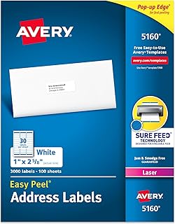 Адресные этикетки Avery Easy Peel с функцией автоматической подачи, размер 1" x 2-5/8", белые, 3000 чистых почтовых этикеток, отлично подходят для отправки почты, доставки и многого другого (5160)