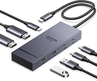 Док-станция UGREEN Revodok Pro 7 в 1: два монитора, USB-C концентратор, два HDMI-дисплея 4K@60Hz, порты передачи данных USB-A/C 10 Гбит/с, PD 100 Вт, алюминиевая док-станция для ноутбуков HP, Thinkpad, Dell и других марок.