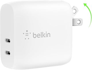 Зарядное устройство Belkin с двумя портами USB-C мощностью 40 Вт, быстрая зарядка USB-C для iPhone 16, 15, 14, 13, Pro, Pro Max, Plus, Samsung Galaxy S25, Pixel, iPad, AirPods, Nintendo Switch 2 и других устройств — белое.