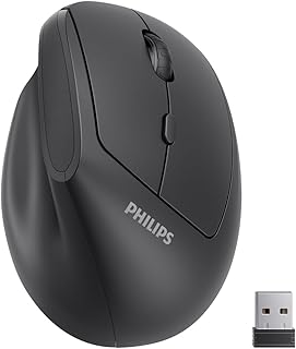 Эргономичная мышь PHILIPS - вертикальная мышь с регулируемым разрешением 800/1200/1600 DPI, 6 бесшумными кнопками, разработанная для маленьких и средних рук, автоматическое энергосбережение, легкий вес, беспроводная мышь 2,4 ГГц для ноутбука, настольного компьютера, ПК - черная.