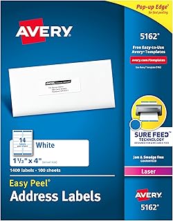 Адресные этикетки Avery Easy Peel с функцией автоматической подачи бумаги, белые, 1-1/3" x 4", 1400 пустых почтовых этикеток для лазерных принтеров (5162)