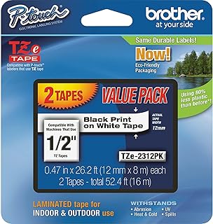 Оригинальная лента Brother P-Touch, TZe-231, 2 шт. (TZE2312PK), ½ дюйма (0,47 дюйма) x 26,2 фута (8 м), ламинированная, черная на белой основе.