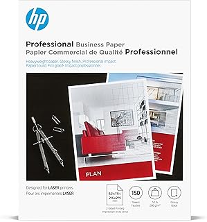 Профессиональная деловая бумага HP, глянцевая, 8,5 x 11 дюймов, 52 фунта, 150 листов, совместима с лазерными принтерами (4WN10A), белая.