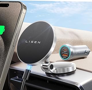 Автомобильное зарядное устройство LISEN MagSafe, [комплект для модернизации] Беспроводное автомобильное зарядное устройство MagSafe с вращением на 360°, складной автомобильный держатель для телефона на приборную панель, подходит для iPhone 16 Pro Max Plus 15 14 13 12, Samsung с чехлом MagSafe