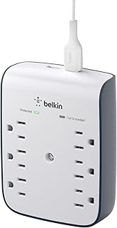 Настенный сетевой фильтр Belkin на 6 розеток с 2 портами USB-A, монтируемый на стену, подходит для дома, офиса, путешествий, настольных компьютеров, ноутбуков, зарядных устройств для телефонов и многого другого — защита 900 Джоулей.