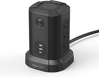 Сетевой фильтр Amazon Basics прямоугольной формы, модель 1080J, 9 розеток со встроенными USB-портами для зарядки (2 USB-A и 1 USB-C), 15 А, шнур 1,8 м, черный.