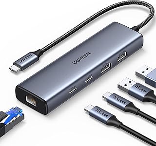 Адаптер UGREEN USB C — Ethernet, порт передачи данных 10 Гбит/с, многофункциональный концентратор Ethernet 6-в-1 с 2 портами USB-C 3.2, USB-A 3.2/2.0, гигабитным разъемом RJ45, портом питания (только для адаптера), сетевой адаптер Type-C для ноутбука, MacBook, XPS