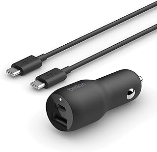 Автомобильное быстрое зарядное устройство Belkin мощностью 37 Вт с двумя портами и кабелем USB-C длиной 1 метр в комплекте, портом USB-C 25 Вт PPS и портом USB-A 12 Вт для Galaxy S23, S23+, Ultra, Note20, iPhone 14, 13, 12, 11, Pro, Max, Mini и других моделей.