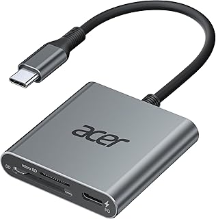 Кардридер Acer SD 4.0, устройство чтения карт Micro SD UHS-II с разъемом USB-C, двухслотовый адаптер Type-C для карт памяти с портом PD 100 Вт для карт MicroSD, SDXC, SDHC, UHS-II и UHS-I для iPhone 15/16, ноутбуков, MacBook (серый)