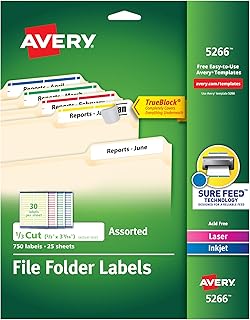 Наклейки для папок Avery TrueBlock, 2/3" x 3-7/16", 750 наклеек для печати, разные цвета, постоянные (5266)