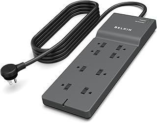Сетевой фильтр Belkin на 8 розеток с 8 розетками переменного тока и плоской вилкой длиной 2,4 м, сертифицированный UL, сверхпрочный удлинитель для дома, офиса, путешествий, настольного компьютера, ноутбука, зарядного устройства для телефона — защита 2500 Джоулей.