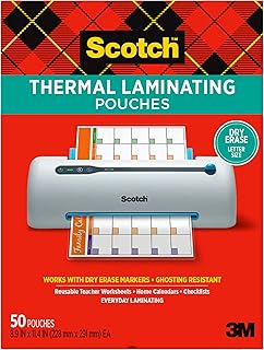 Термоламинирующие пакеты Scotch для сухостираемых досок, 50 штук, подходят для использования с маркерами для сухостираемых досок, многоразовые рабочие листы, календари, контрольные списки, размер 8,9 x 11,4 дюйма, формат Letter, прозрачное профессиональное покрытие (TP3854-50DE)