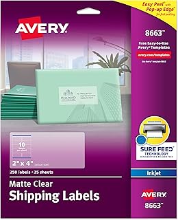 Наклейки для отправки Avery Printable Shipping Labels с технологией Sure Feed, 2" x 4", матовые прозрачные, 250 пустых почтовых наклеек, отлично подходят для отправки почты, доставки и многого другого (8663)
