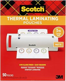 Пакеты для термоламинирования Scotch Matte, ультрапрозрачные с матовой поверхностью, формат Letter (8,9 x 11,4 дюйма), упаковка из 50 штук.