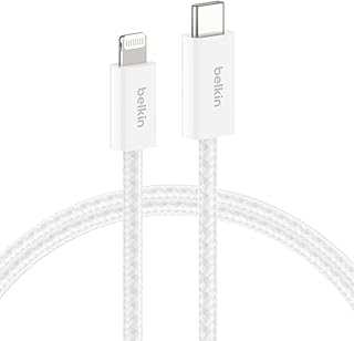 Кабель Belkin USB-C с разъемом Lightning, 2 метра — мягкий, гибкий кабель для быстрой зарядки, зарядный кабель Lightning для iPhone 14 и более ранних серий, iPad 9-го поколения, Airpods и других устройств — белый.