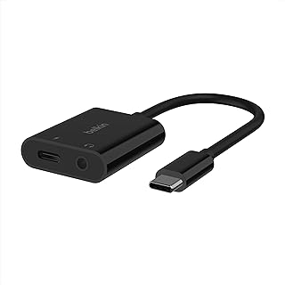 Аудиоразъем Belkin RockStar™ 3,5 мм с адаптером для зарядки USB-C в комплекте, совместимый с iPad Pro, Galaxy, Note, Google Pixel, LG G6, Sony Xperia, OnePlus и другими устройствами — черный.