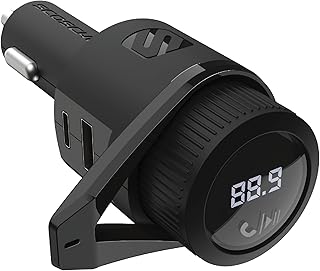 Автомобильный FM-передатчик Scosche BTFM9 с Bluetooth, двумя портами зарядки USB-C и USB-A мощностью 12 Вт, быстрым автомобильным зарядным устройством Type-C, беспроводным Bluetooth-адаптером, комплектом громкой связи для звонков, Siri и Google Assistant.