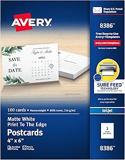 Набор открыток Avery для печати с технологией Sure Feed, 4" x 6", матово-белый, 100 чистых открыток для струйных принтеров (8386)