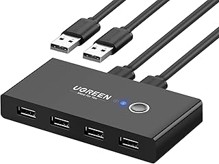 USB-переключатель UGREEN для двух компьютеров, позволяющий одновременно использовать 4 USB-устройства. USB 2.0, переключатель периферийных устройств, концентратор для мыши, клавиатуры, сканера, принтера и ПК с возможностью переключения одним нажатием кнопки, а также 2 кабеля USB A-A.