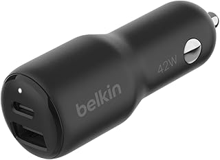 Автомобильное быстрое зарядное устройство Belkin BoostCharge мощностью 42 Вт с двумя портами USB-C (30 Вт) и USB-A (12 Вт) для iPhone 16, 16 Pro, Galaxy S25, S24, Pixel 9 и 8, Nintendo Switch 2 и других устройств — черное.
