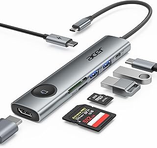 Многопортовый адаптер Acer USB C — HDMI, USB-C концентратор 7 в 1 с HDMI 4K@60Hz, 100 Вт PD, 2 портами USB-A 3.1 и 1 портом USB C 3.1 со скоростью 5 Гбит/с, устройством чтения SD-карт, переходником Type-C для MacBook Pro/Air, iPad, iPhone 16/15, серый.