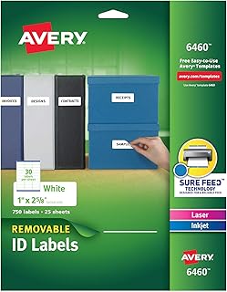 Съемные идентификационные этикетки Avery, технология Sure Feed, съемный клей, 1" x 2-5/8", 750 этикеток (6460)