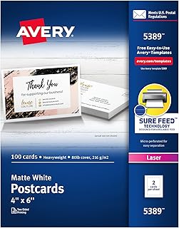 Набор открыток Avery Printable Postcards с технологией Sure Feed, 4" x 6", белые, 100 чистых открыток для лазерных принтеров (5389)