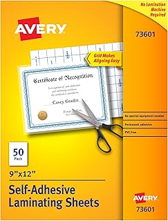 Прозрачные ламинирующие листы Avery, 9" x 12", самоклеящиеся, 50 листов, отлично подходят для защиты документов, фотографий и вывесок (73601)