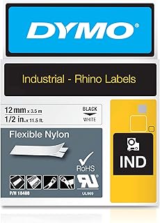 Гибкие нейлоновые этикетки DYMO Rhino для промышленного применения | 12 мм x 3,5 м | Черная печать на белом фоне | Самоклеящиеся | для этикеточных принтеров Rhino и LabelManager